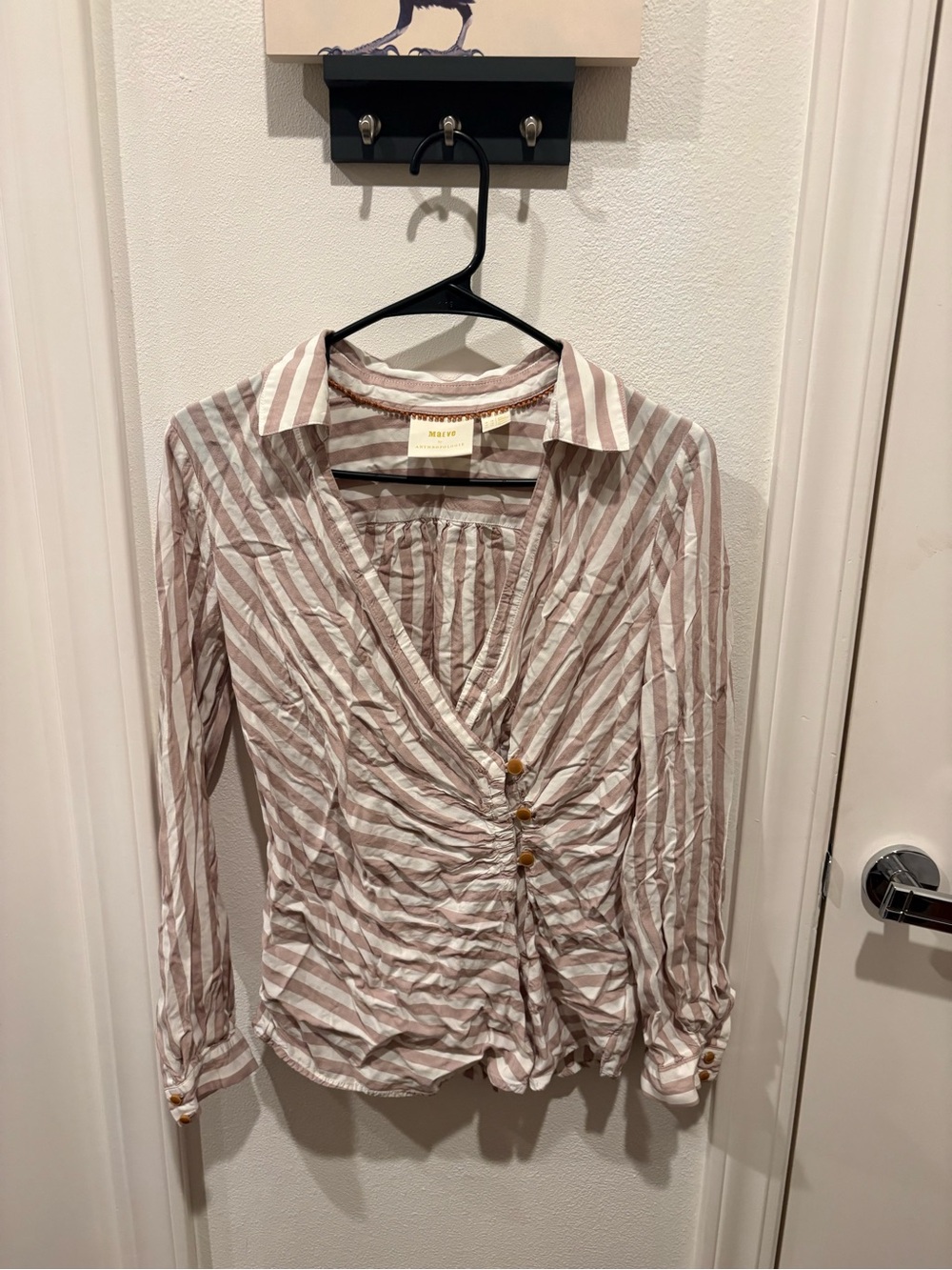 Maeve Striped Wrap Button Shirt in Taupe and White